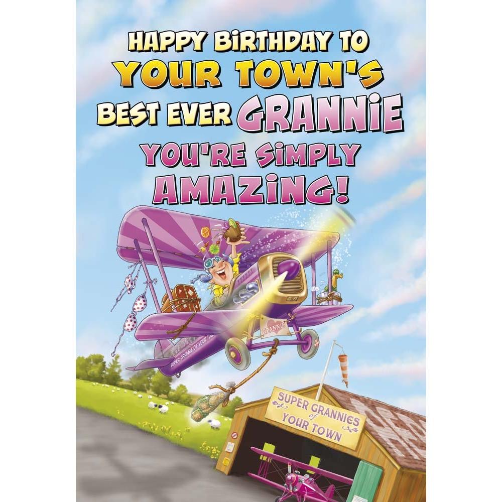 funny birthday card for a grannie with a colourful cartoon illustration