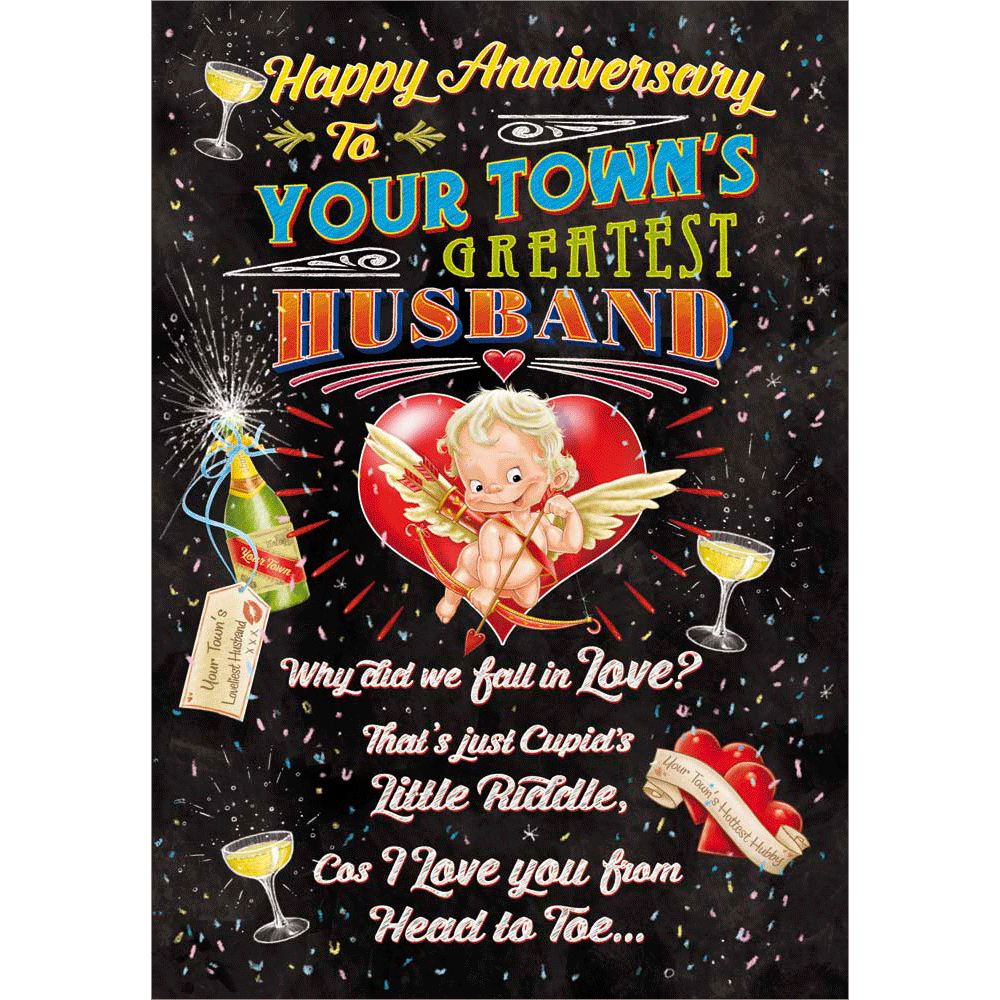 front of card showing a selection of different personalisations of this cartoon anniv wedding card for a husband
