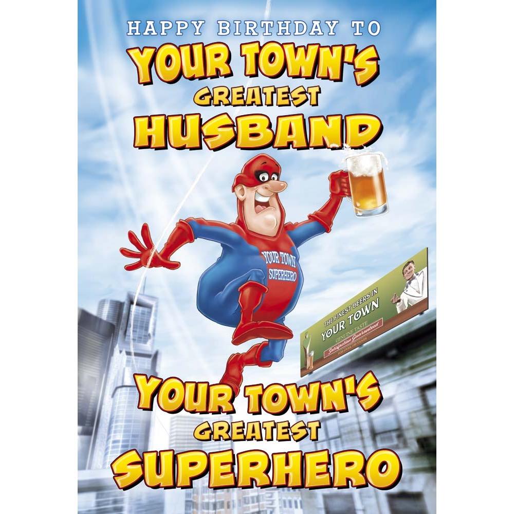 funny birthday card for a husband with a colourful cartoon illustration