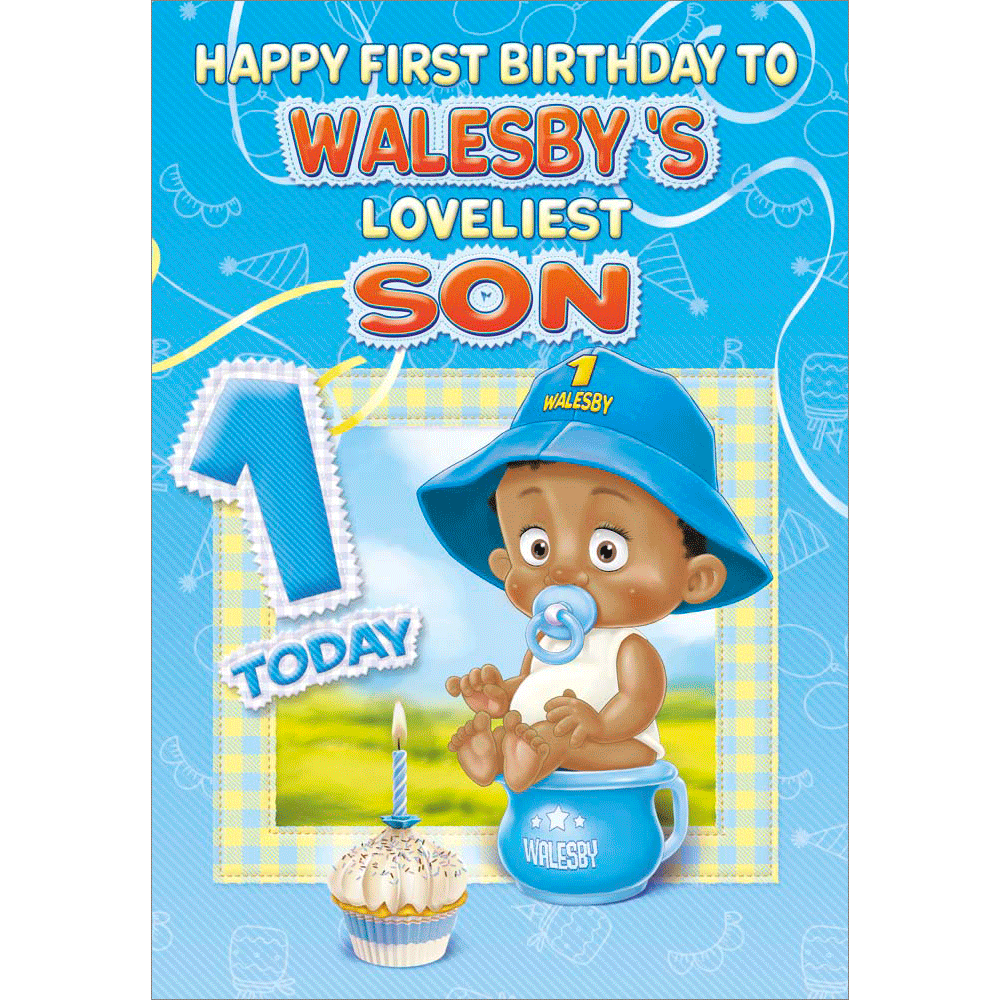 front of card showing a selection of different personalisations of this great age 1 card for a son