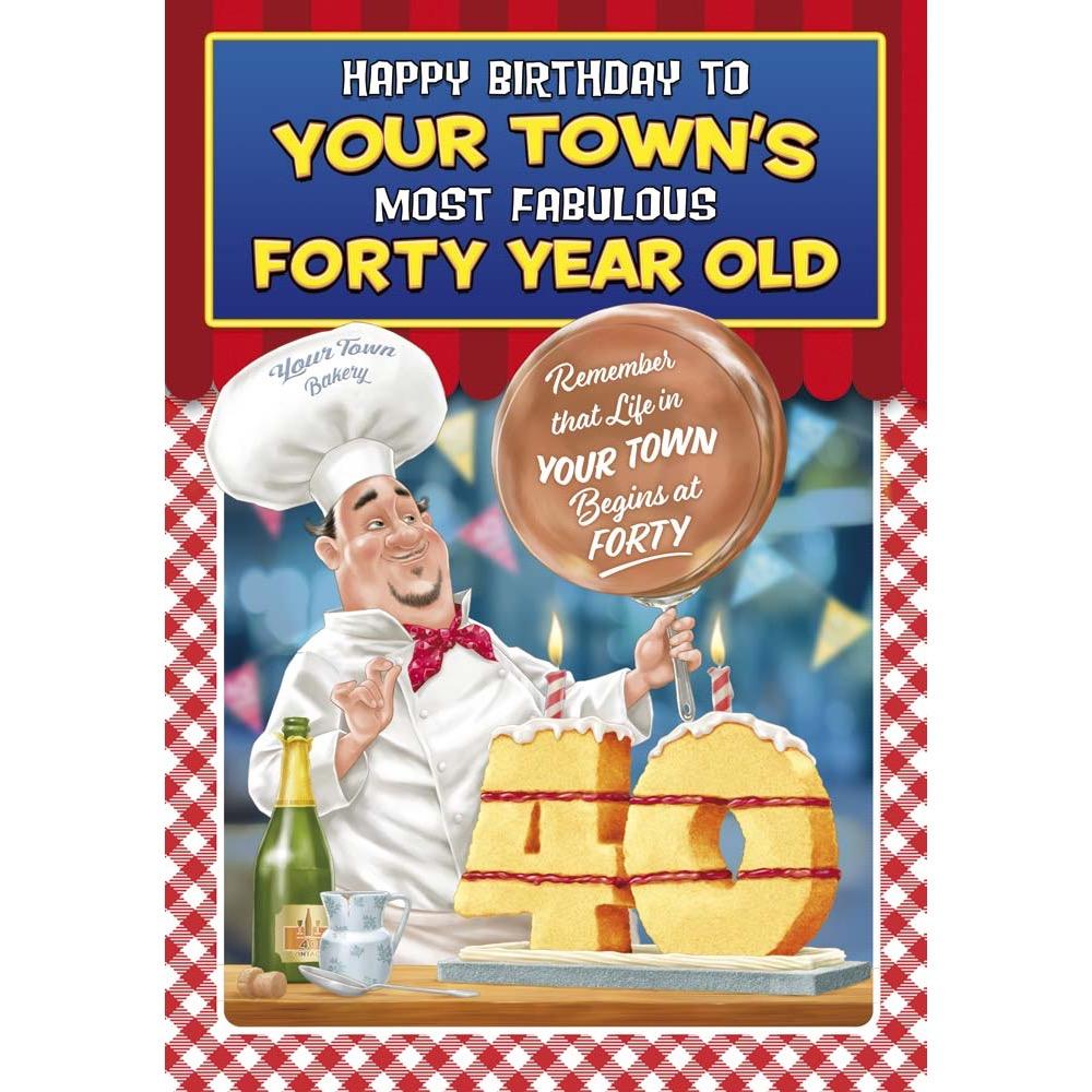 funny age 40 card for a male with a colourful cartoon illustration