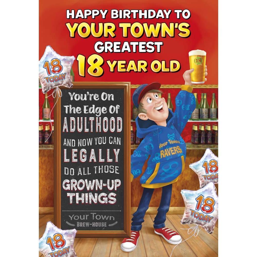 funny age 18 card for a male with a colourful cartoon illustration