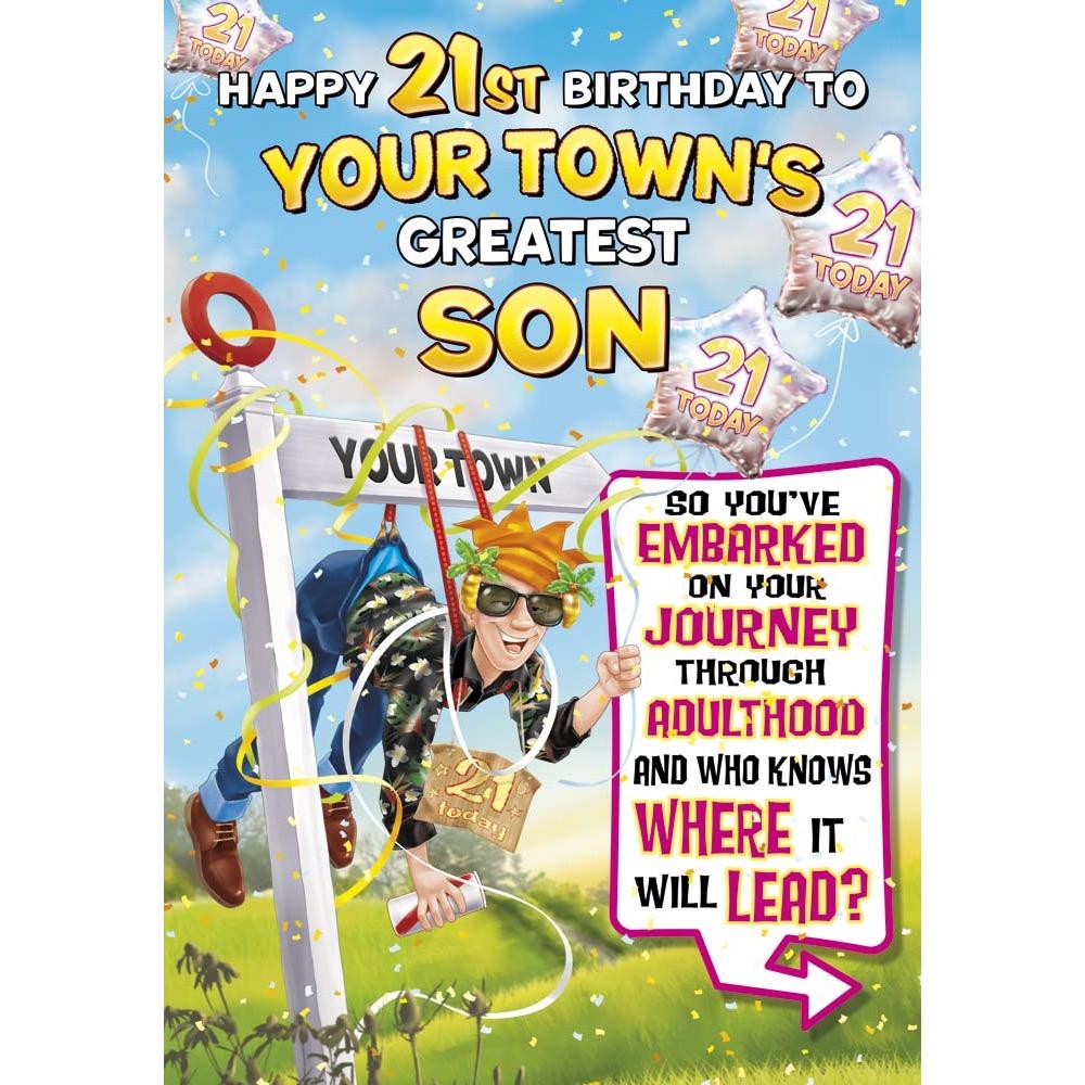 funny age 21 card for a son with a colourful cartoon illustration