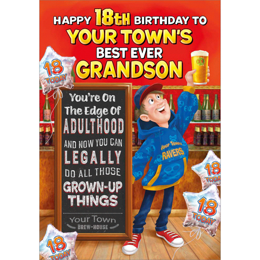 front of card showing a selection of different personalisations of this cartoon age 18 card for a grandson