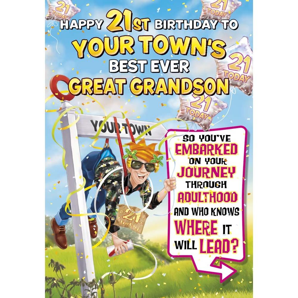 funny age 21 card for a great grandson with a colourful cartoon illustration