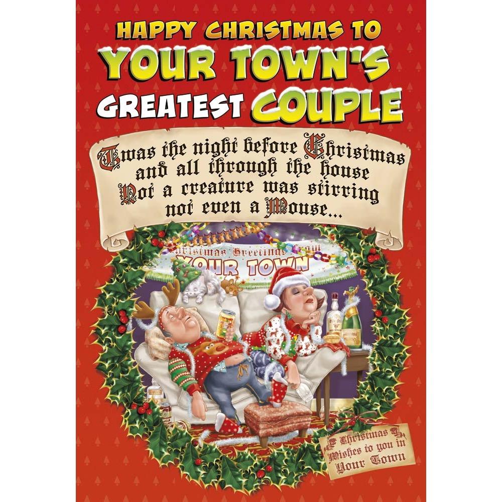 funny christmas card for a special couple with a colourful cartoon illustration