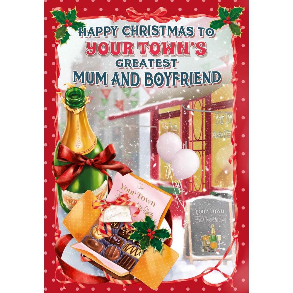 funny christmas card for a mum and boyfriend with a colourful cartoon illustration