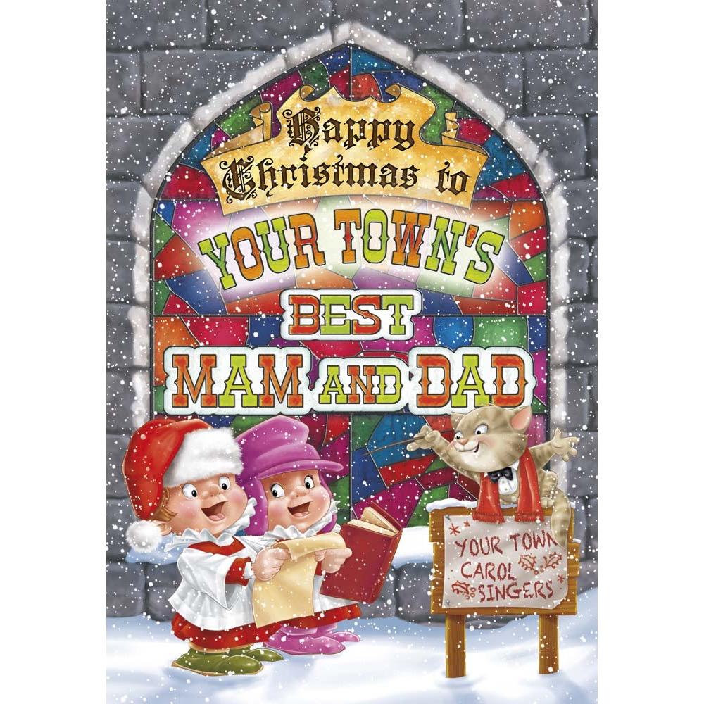 funny christmas card for a mam and dad with a colourful cartoon illustration