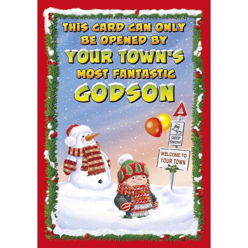 funny christmas card for a godson with a colourful cartoon illustration