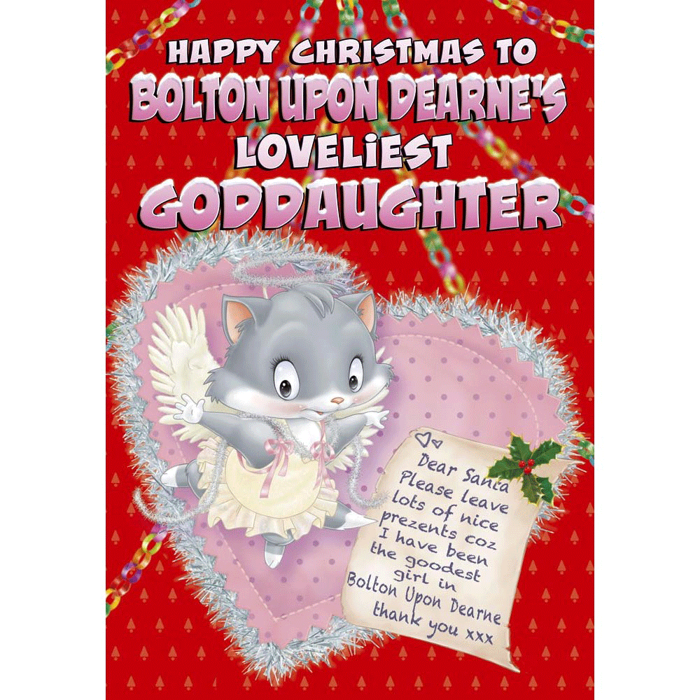 front of card showing a selection of different personalisations of this cartoon christmas card for a goddaughter