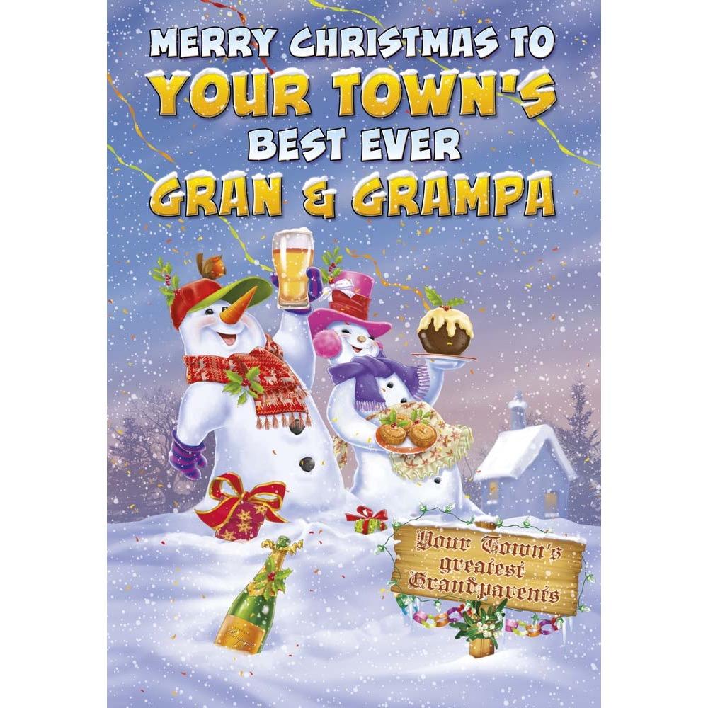 funny christmas card for a gran and grampa with a colourful cartoon illustration