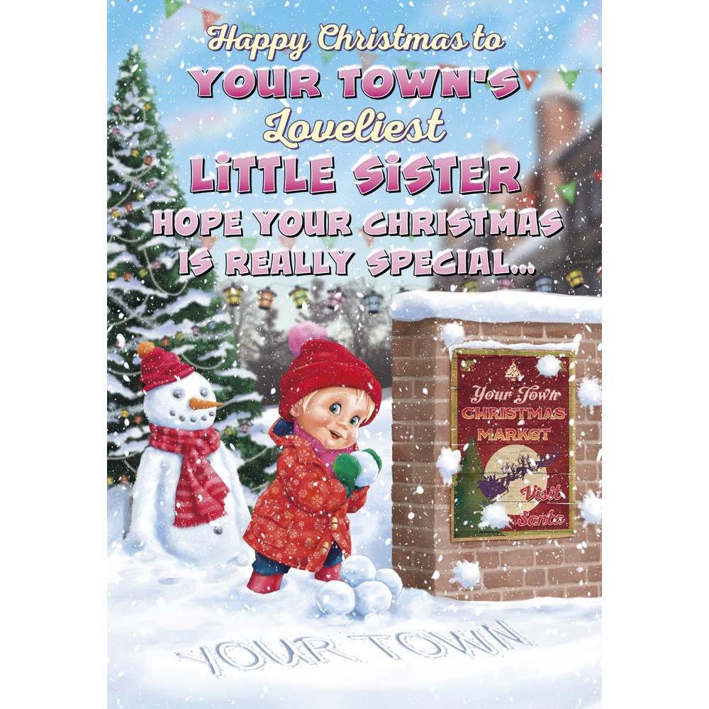 funny christmas card for a little sister with a colourful cartoon illustration