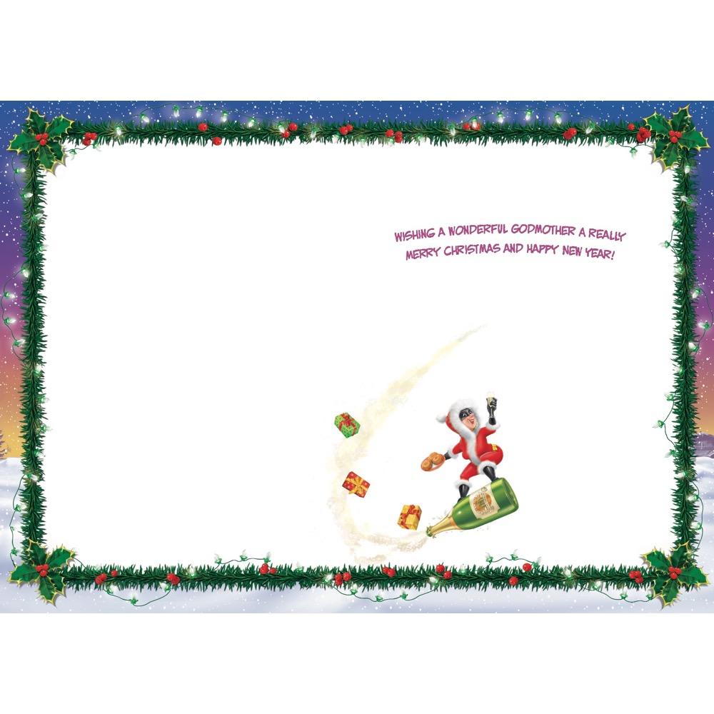 inside full colour cartoon illustration of christmas card for a godmother
