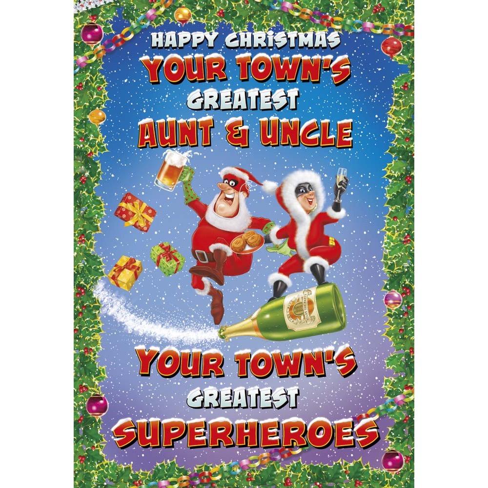 funny christmas card for a aunt and uncle with a colourful cartoon illustration