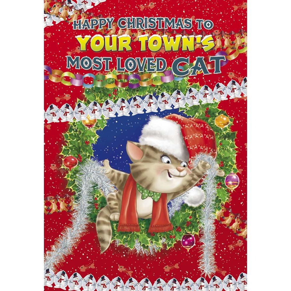 funny christmas card for a cat with a colourful cartoon illustration