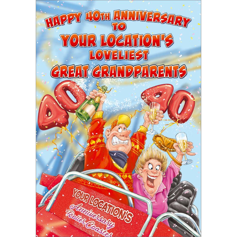 40th (ruby) anniversary greeting card featuring humour illustration for a great grandparents from the up your street range