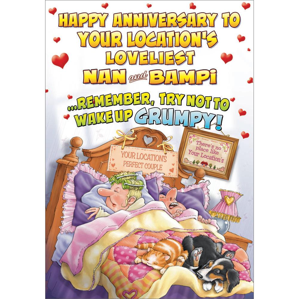 anniversary greeting card featuring humour illustration for a nan and bampi from the up your street range