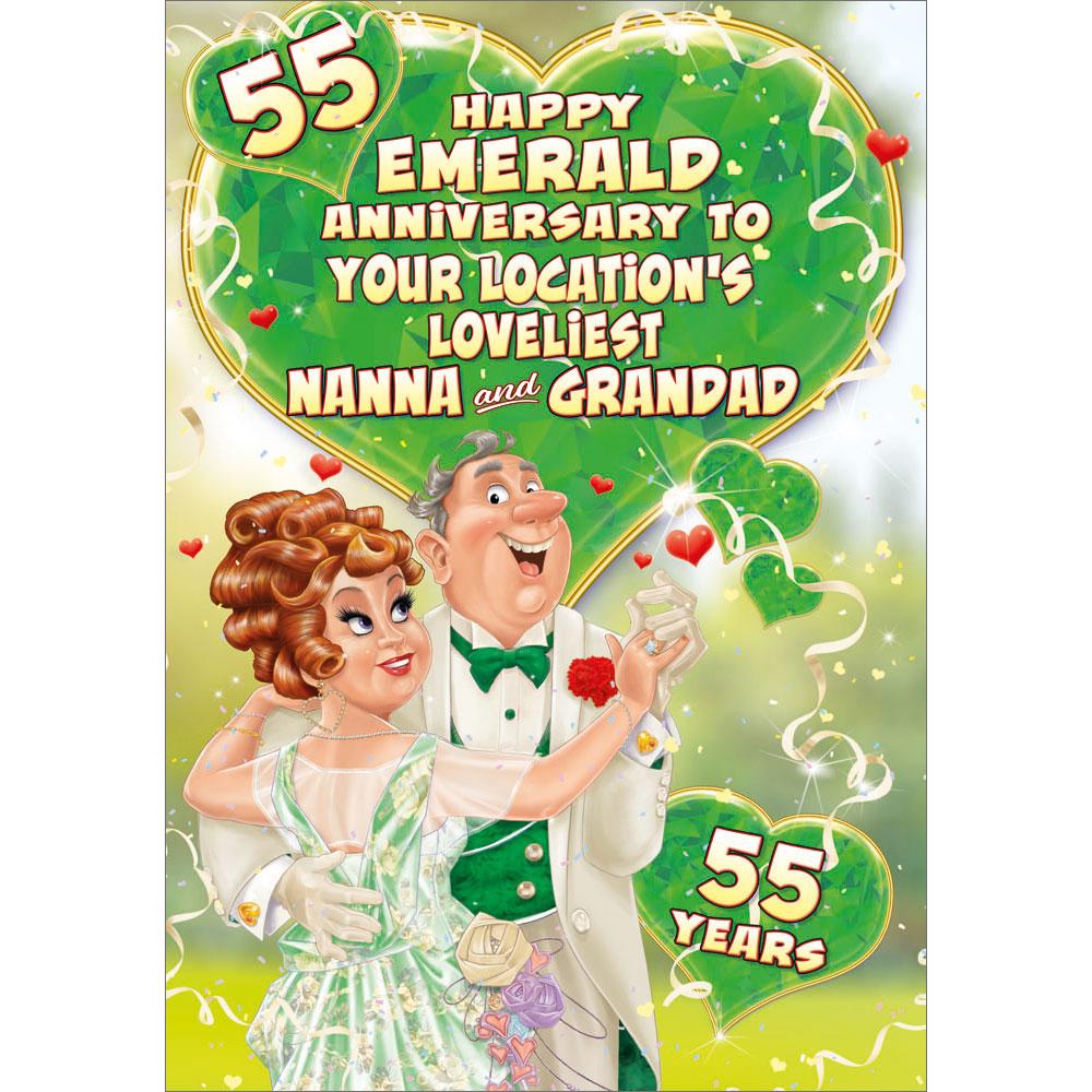 55th (emerald) anniversary greeting card featuring humour illustration for a nanna and grandad from the up your street range