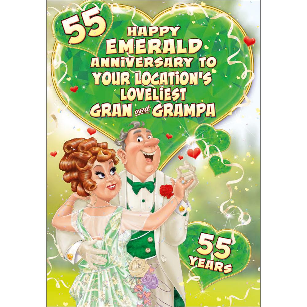 55th (emerald) anniversary greeting card featuring humour illustration for a gran and grampa from the up your street range