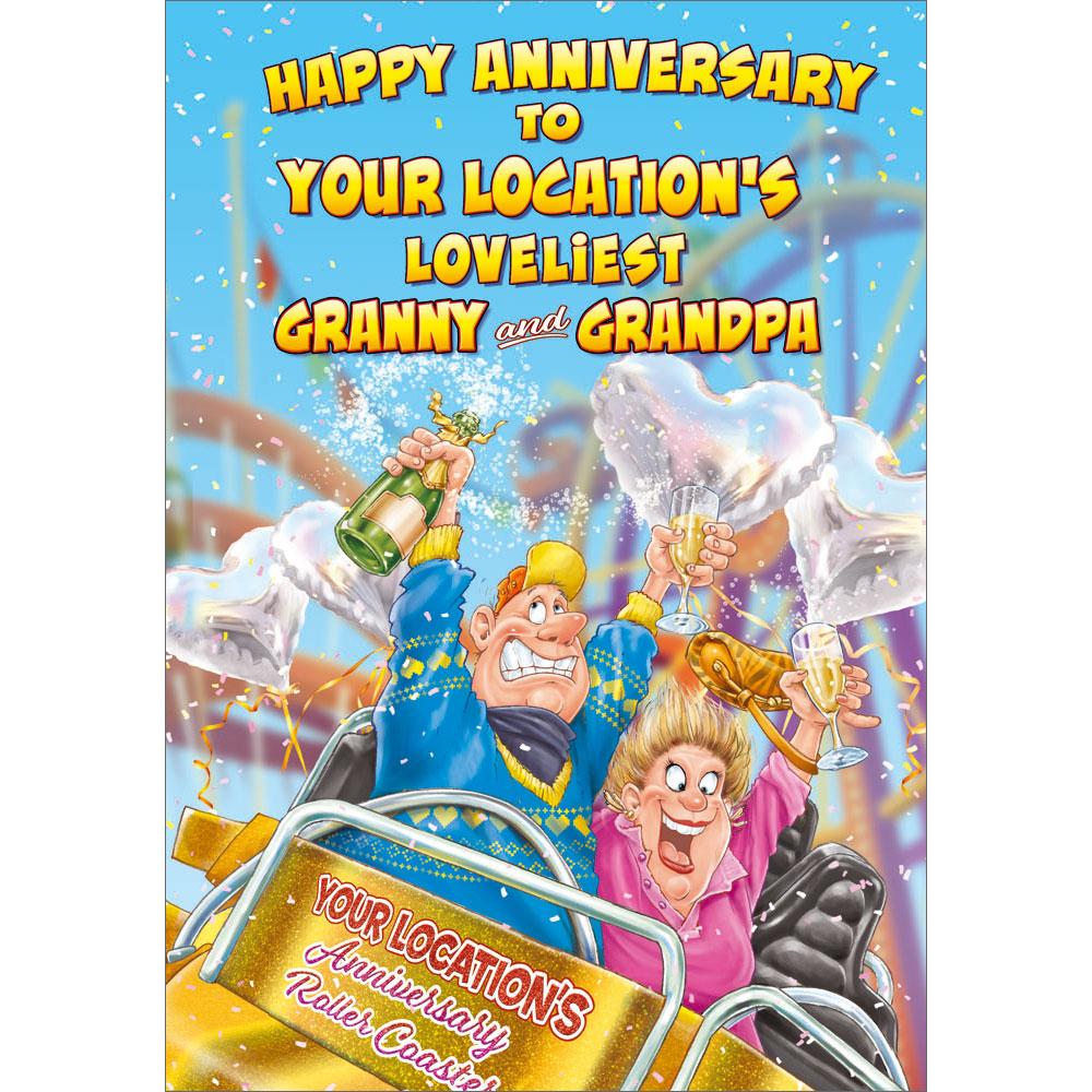 anniversary greeting card featuring humour illustration for a granny and grandpa from the up your street range