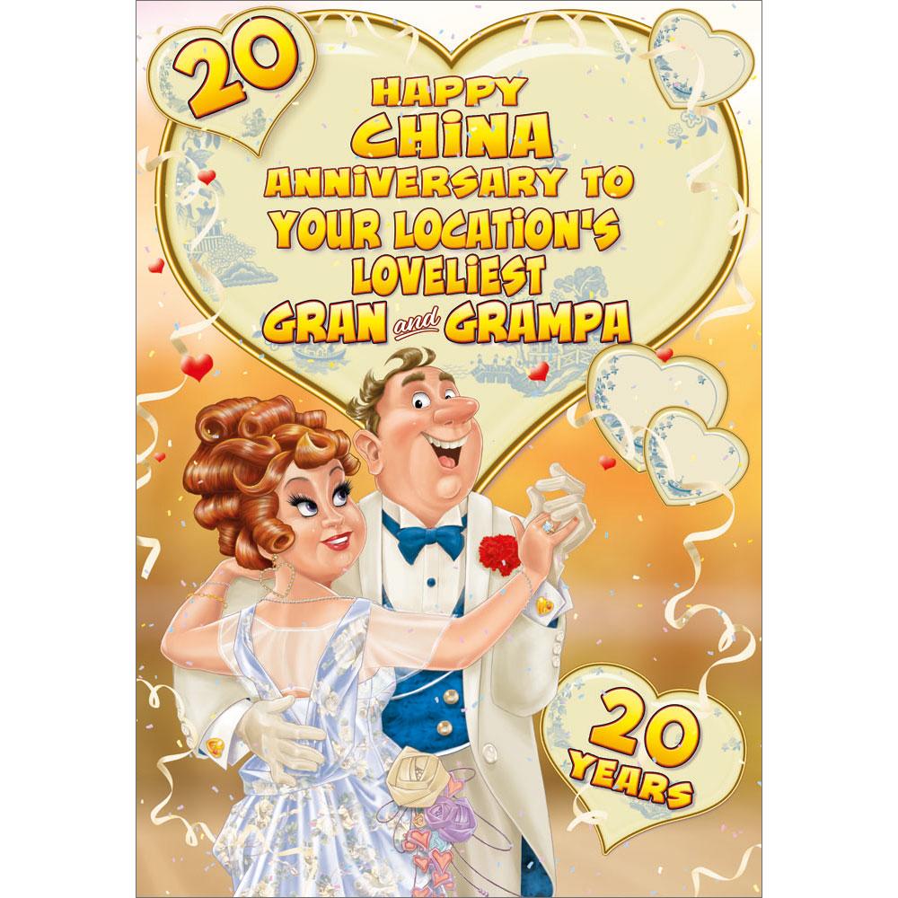 20th (china) anniversary greeting card featuring humour illustration for a gran and grampa from the up your street range