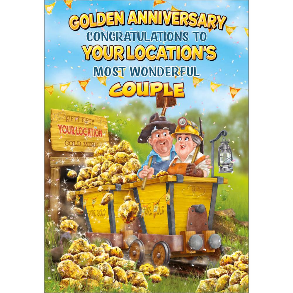 50th (golden) anniversary greeting card featuring humour illustration for a couple from the up your street range