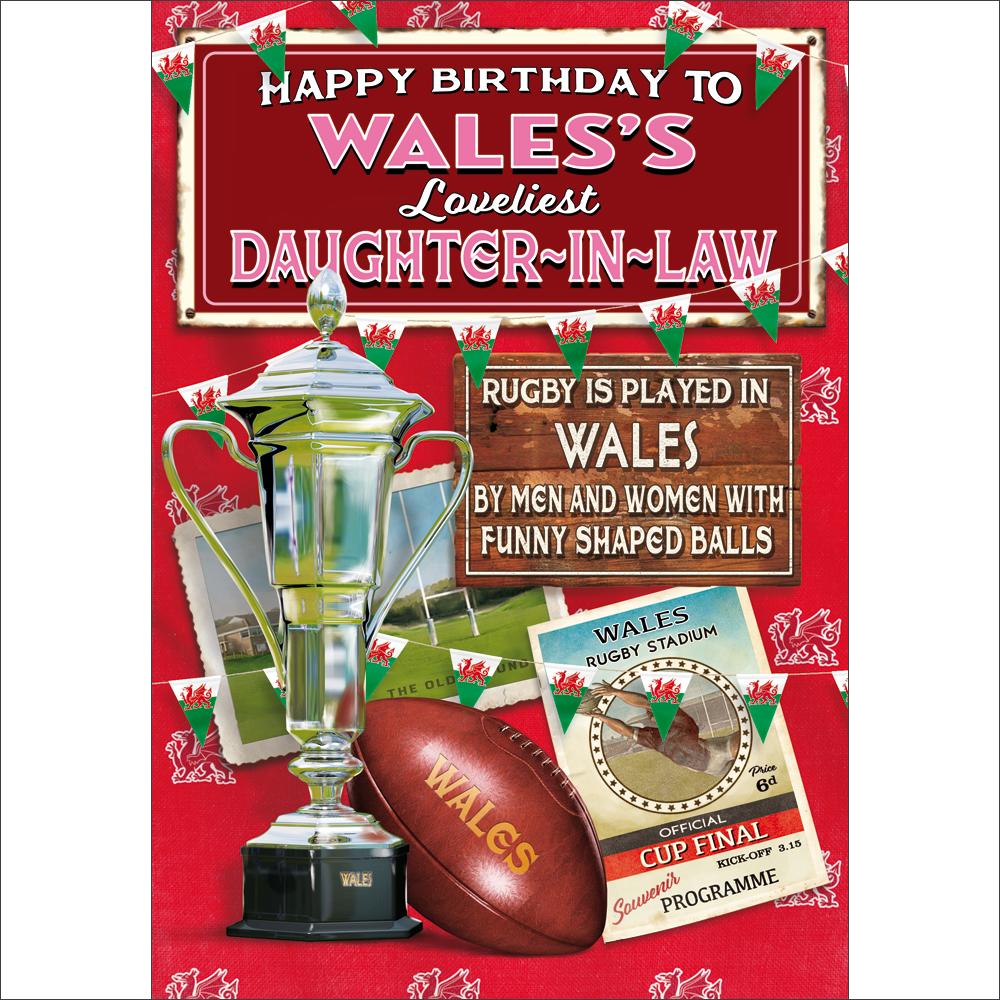 birthday greeting card featuring traditional illustration for a daughter in law from the rugby nuts range