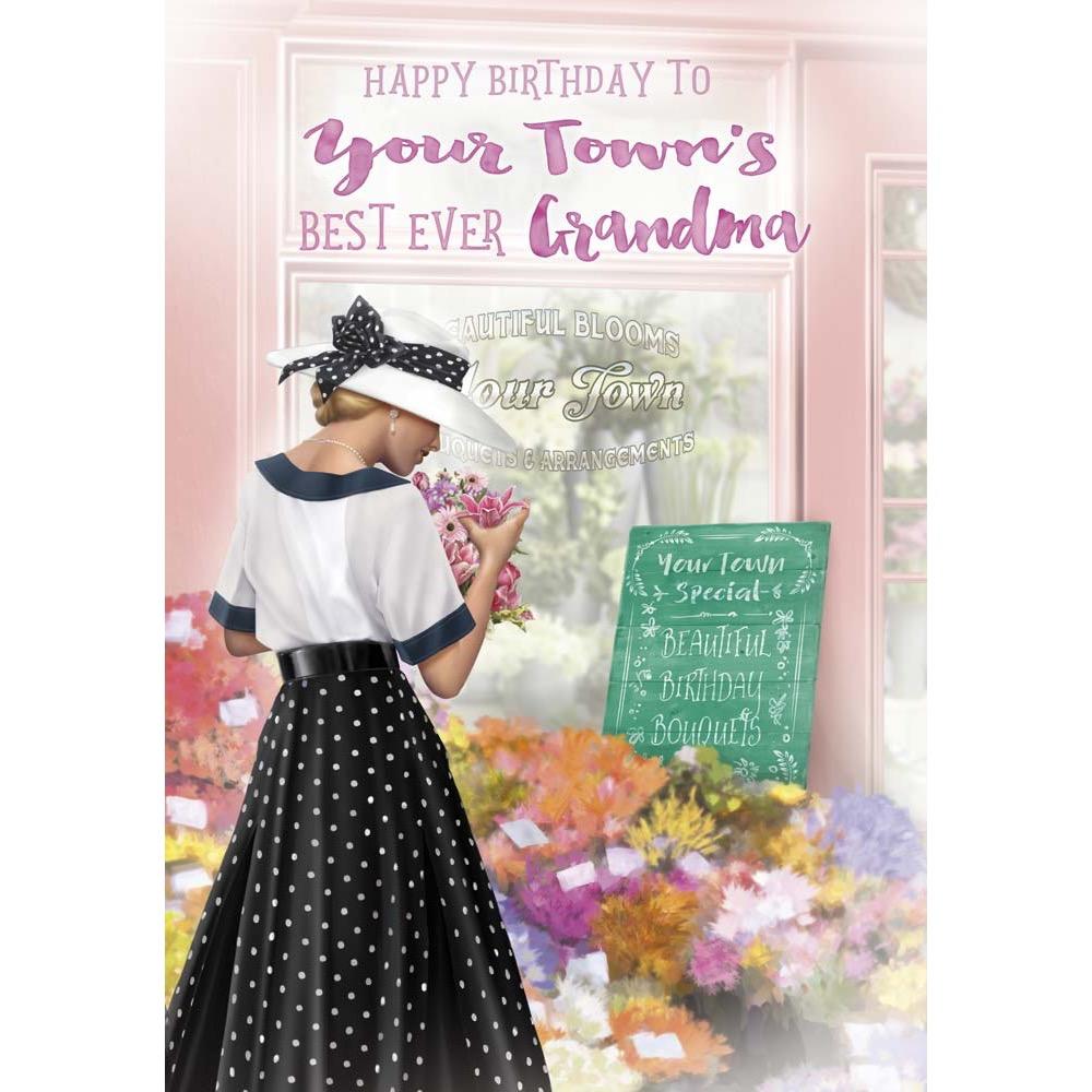 classic birthday card for a grandma with a colourful realistic illustration