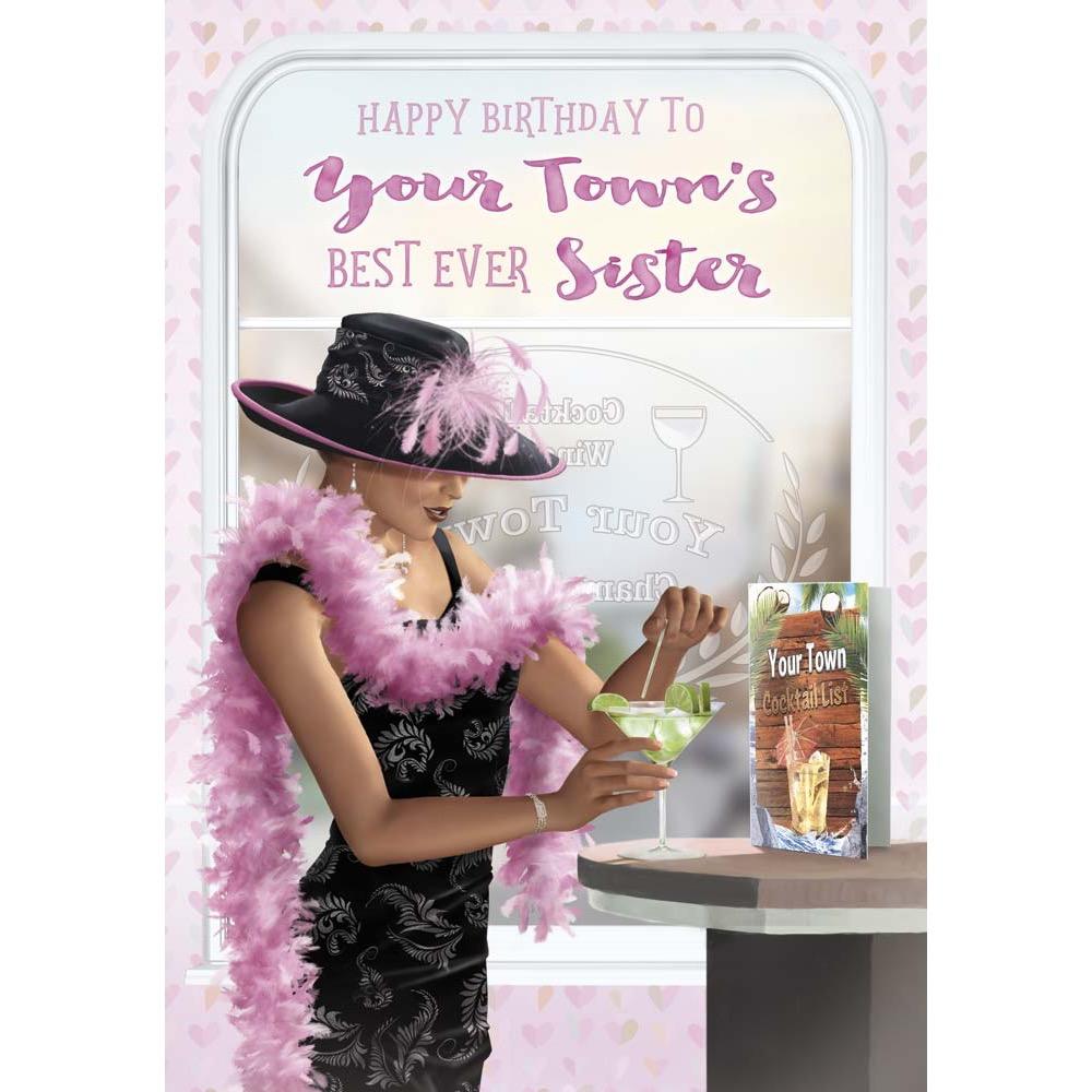 classic birthday card for a sister with a colourful realistic illustration