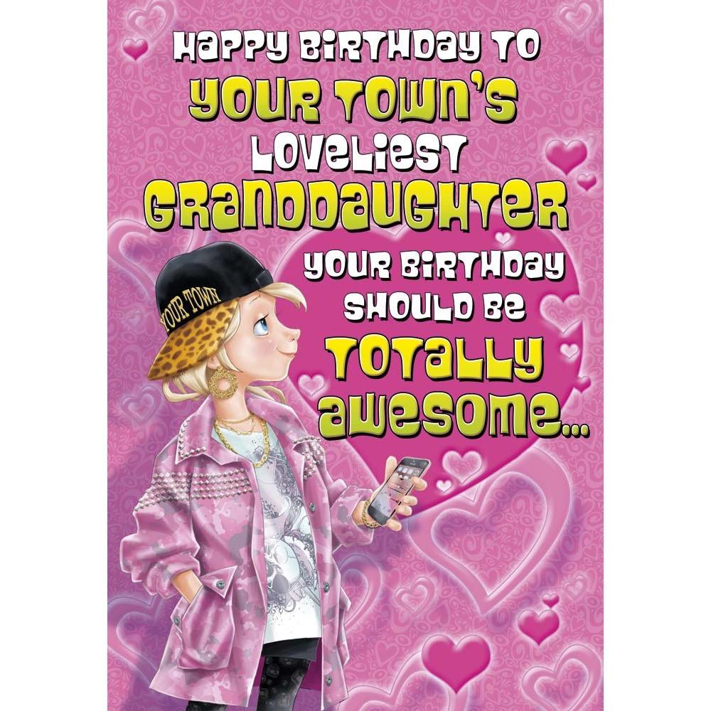 funny birthday card for a granddaughter with a colourful cartoon illustration