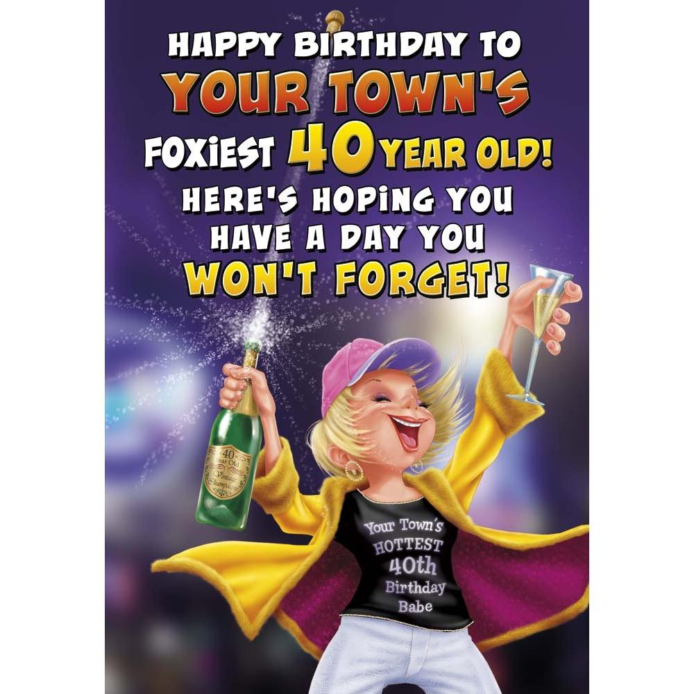 funny age 40 card for a female with a colourful cartoon illustration