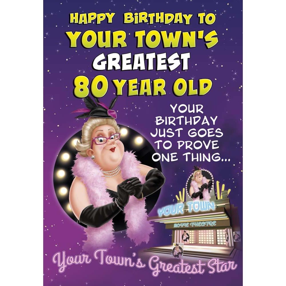 funny age 80 card for a female with a colourful cartoon illustration