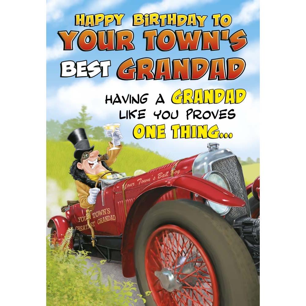 funny birthday card for a grandad with a colourful cartoon illustration