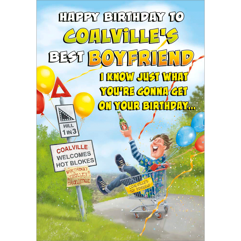 front of card showing a selection of different personalisations of this cartoon birthday card for a boyfriend