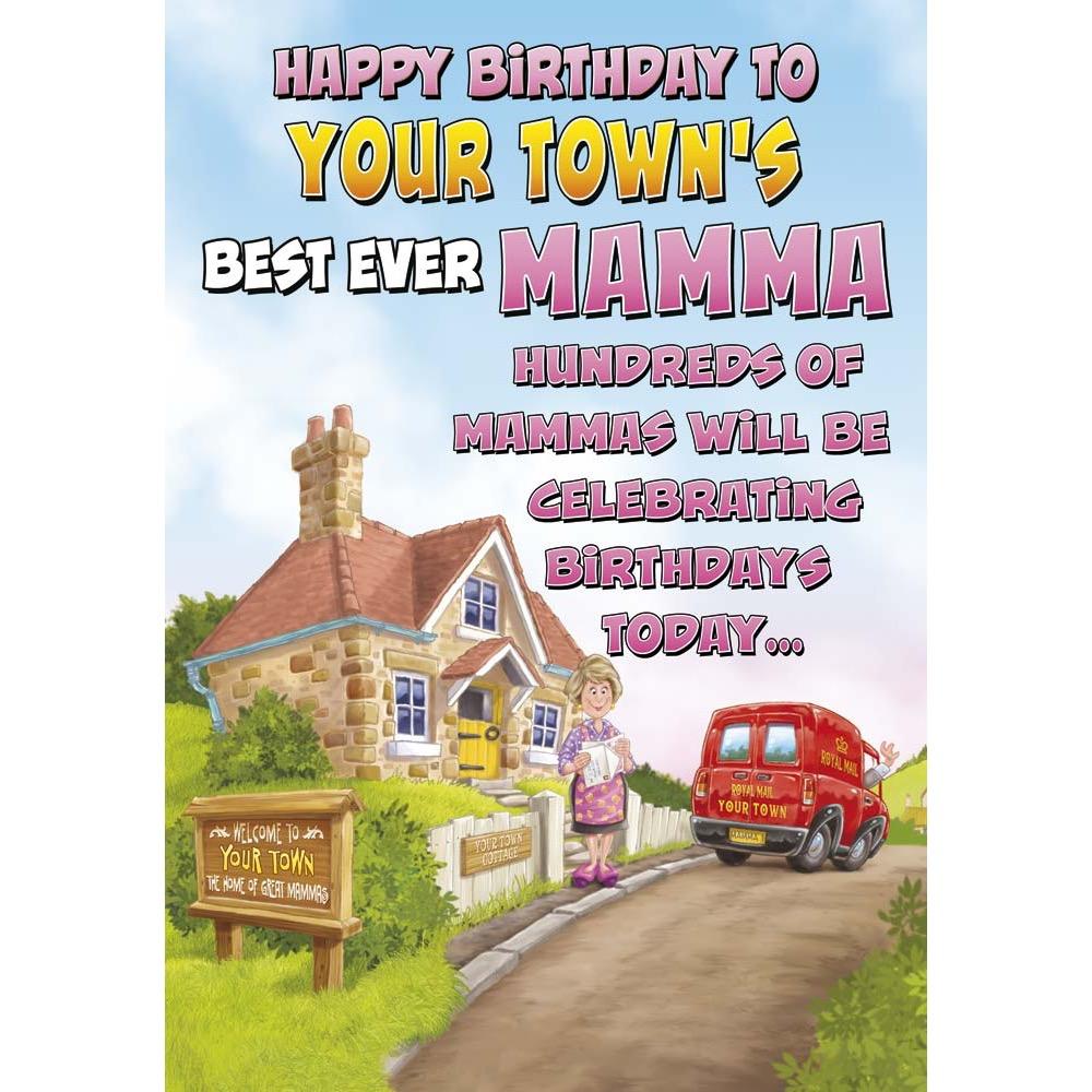 funny birthday card for a mamma with a colourful cartoon illustration