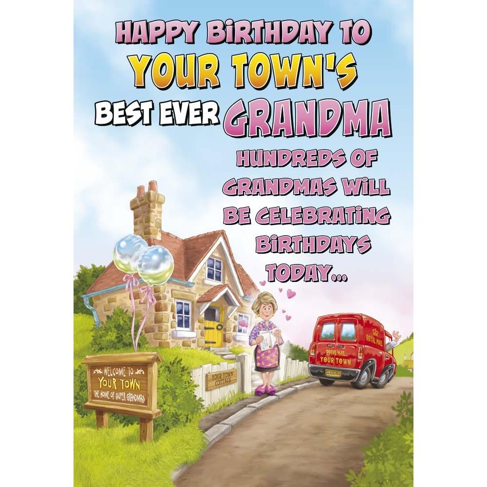 funny birthday card for a grandma with a colourful cartoon illustration