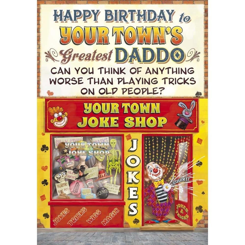 funny birthday card for a daddo with a colourful cartoon illustration