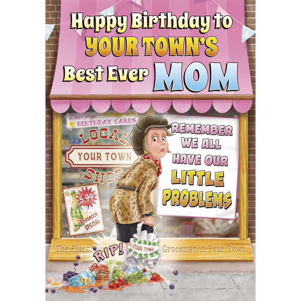 funny birthday card for a mom with a colourful cartoon illustration