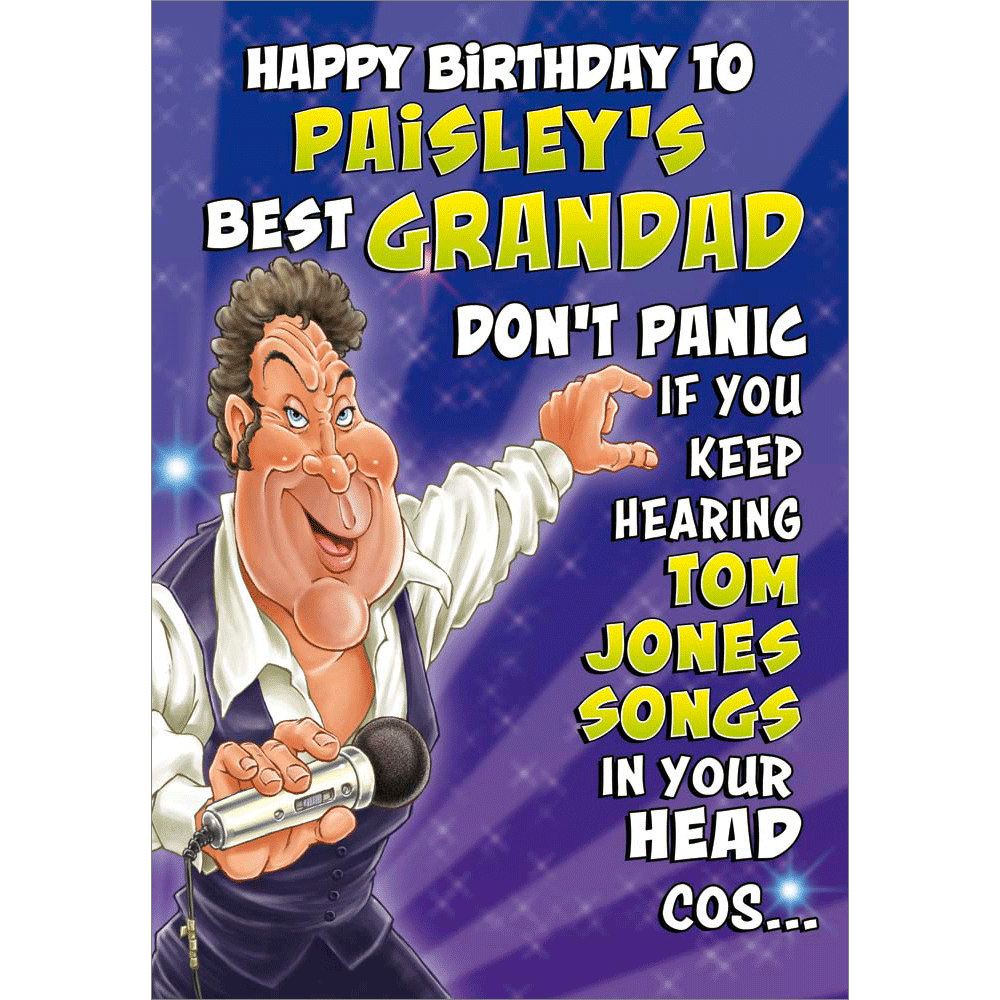 front of card showing a selection of different personalisations of this cartoon birthday card for a grandad