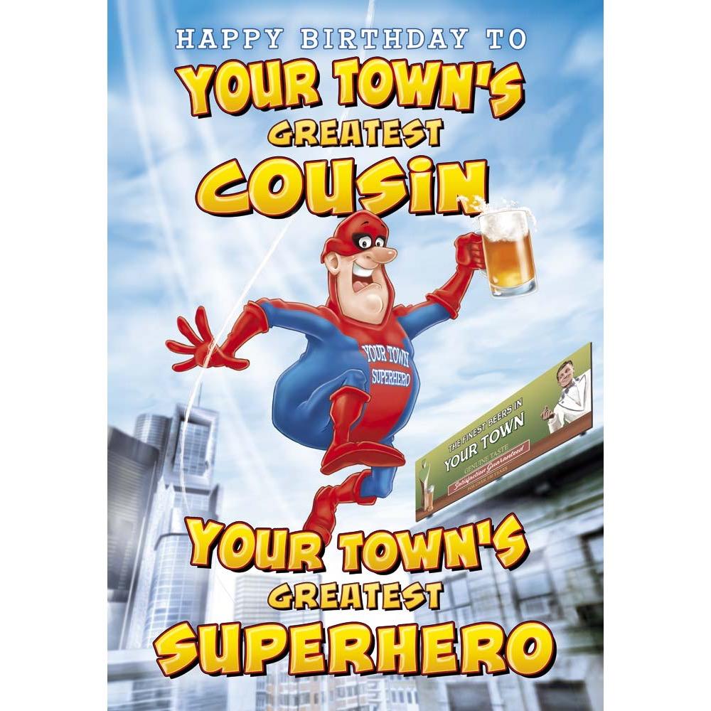 funny birthday card for a cousin male with a colourful cartoon illustration