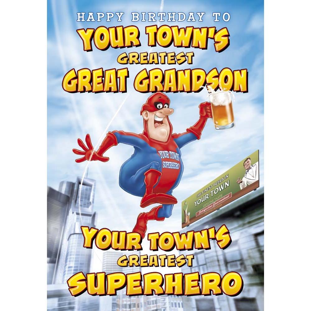 funny birthday card for a great grandson with a colourful cartoon illustration