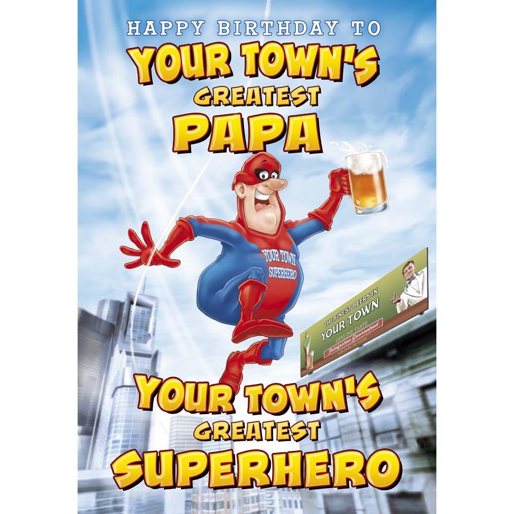funny birthday card for a papa with a colourful cartoon illustration