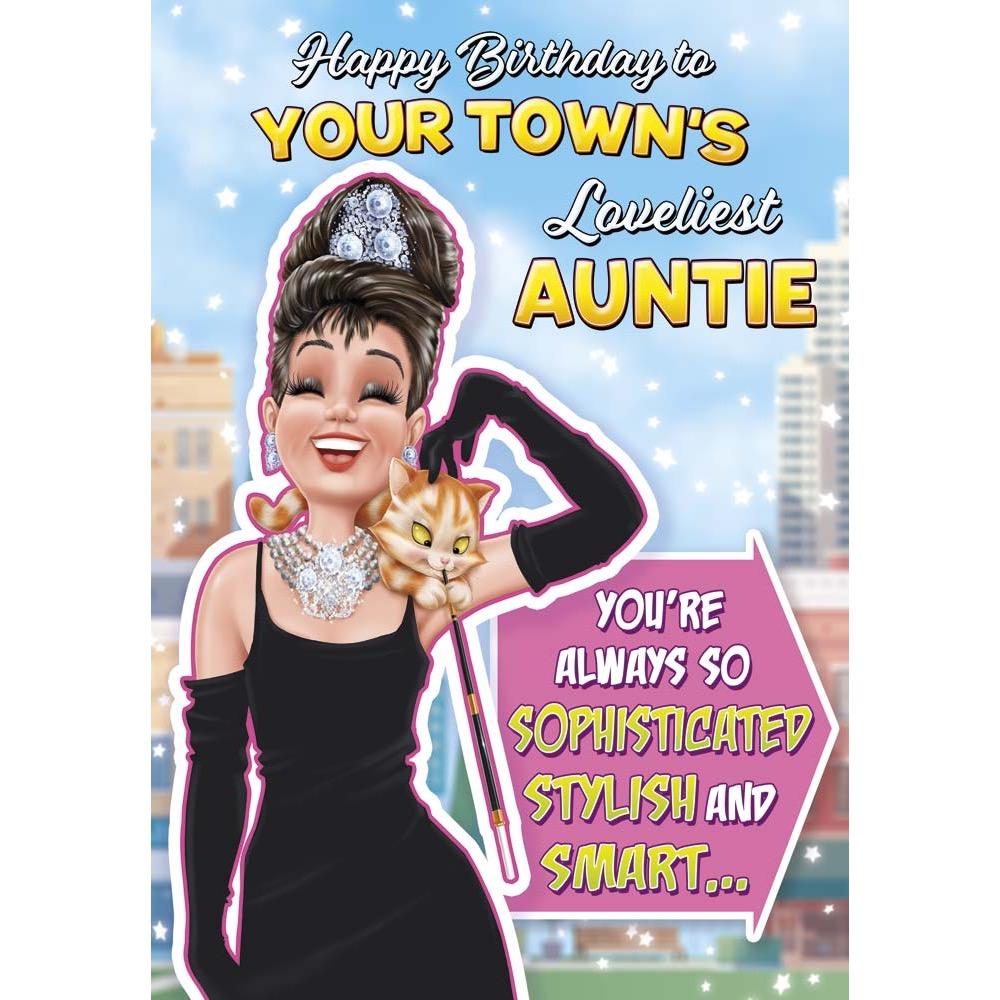 funny birthday card for a auntie with a colourful cartoon illustration