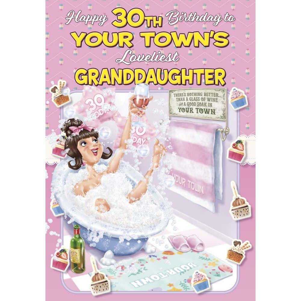 funny age 30 card for a granddaughter with a colourful cartoon illustration