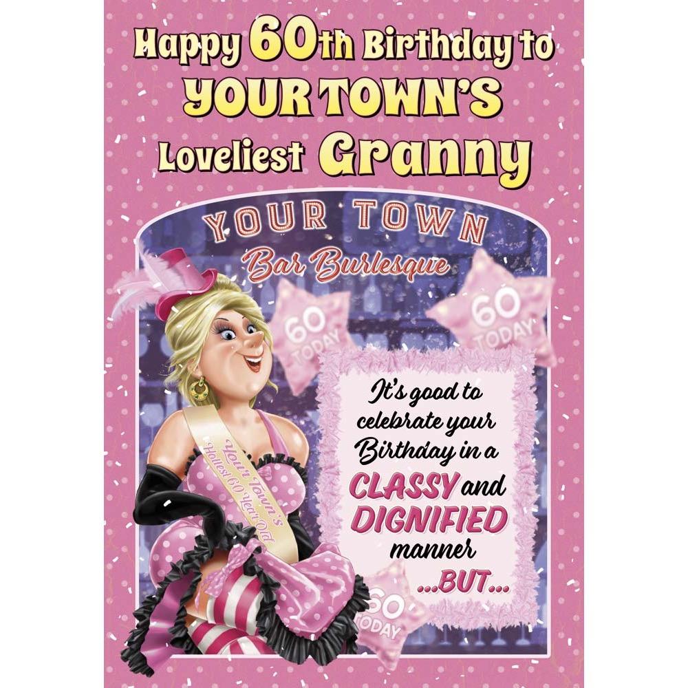 funny age 60 card for a granny with a colourful cartoon illustration