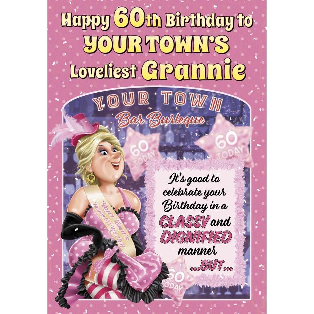 funny age 60 card for a grannie with a colourful cartoon illustration