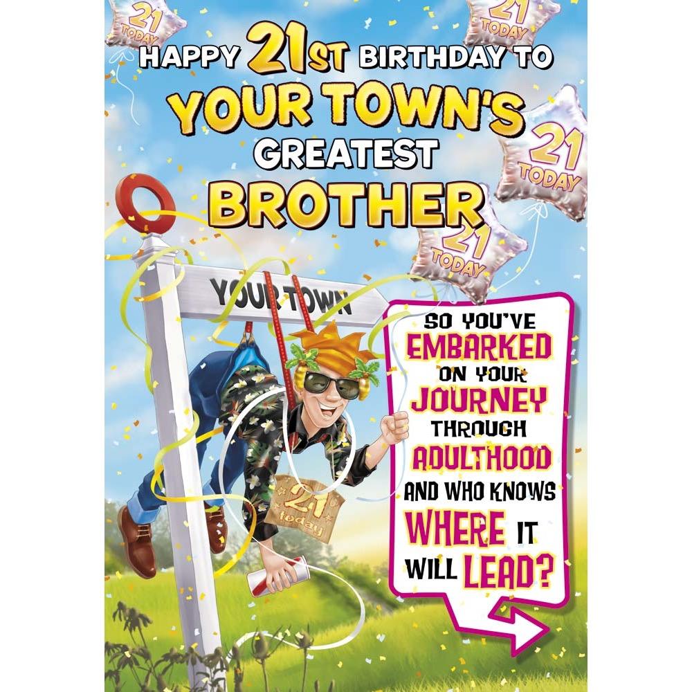 funny age 21 card for a brother with a colourful cartoon illustration