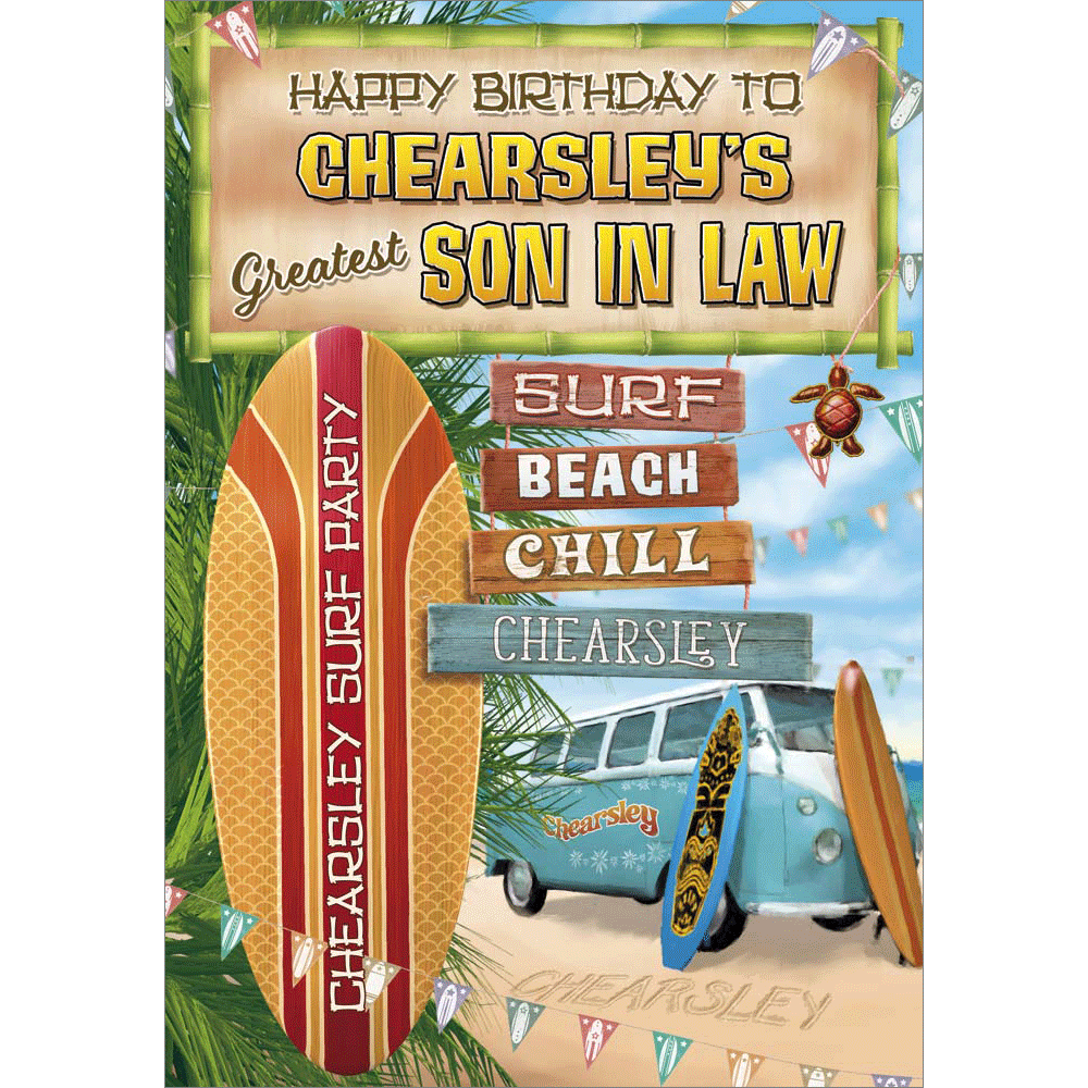 K511F - Vintage Surf. Son in Law Birthday card personalised with your town.