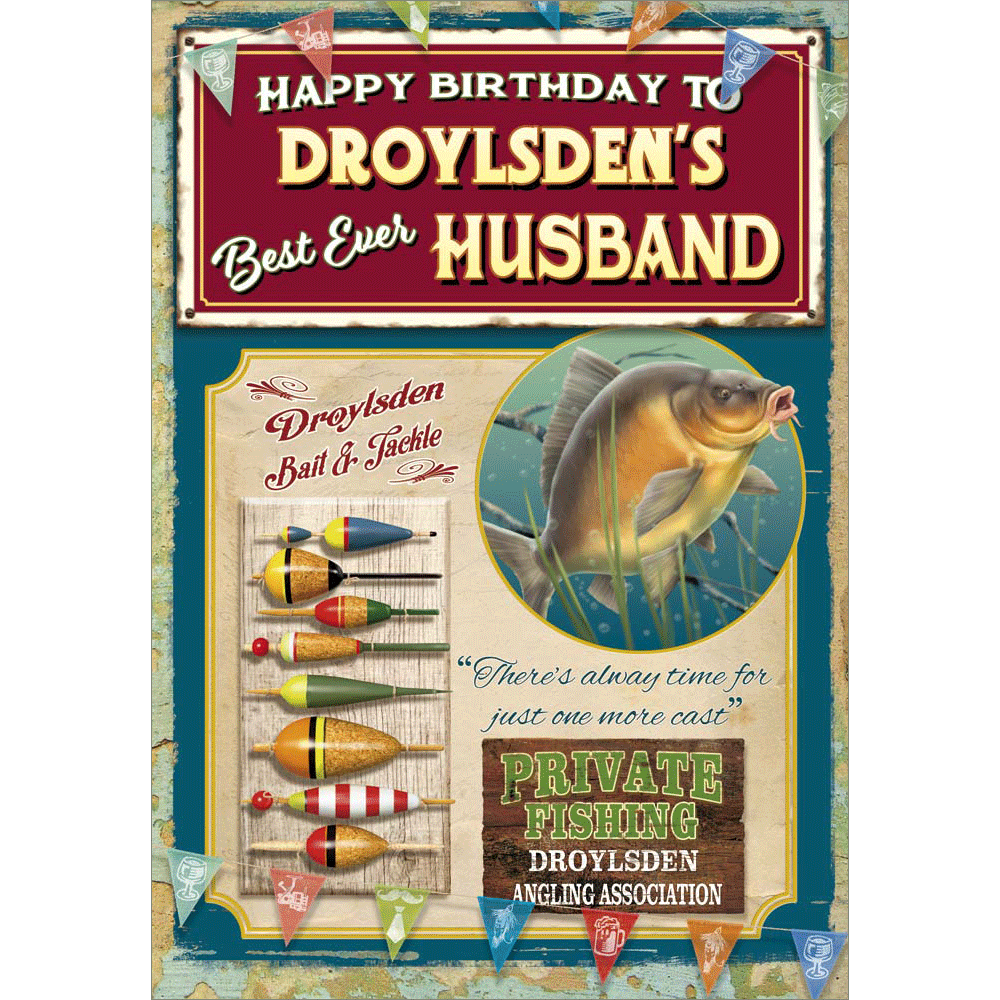 front of card showing a selection of different personalisations of this great birthday card for a husband
