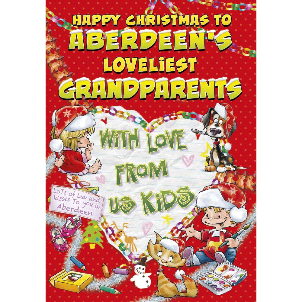 front of card showing a selection of different personalisations of this cartoon christmas card for a grandparents